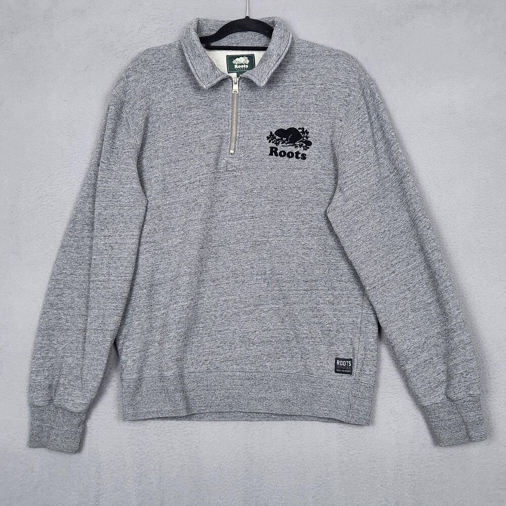 Roots Sweatshirt Mens Medium Gray 1/4 Zip Fleece Collared Beaver Logo Front